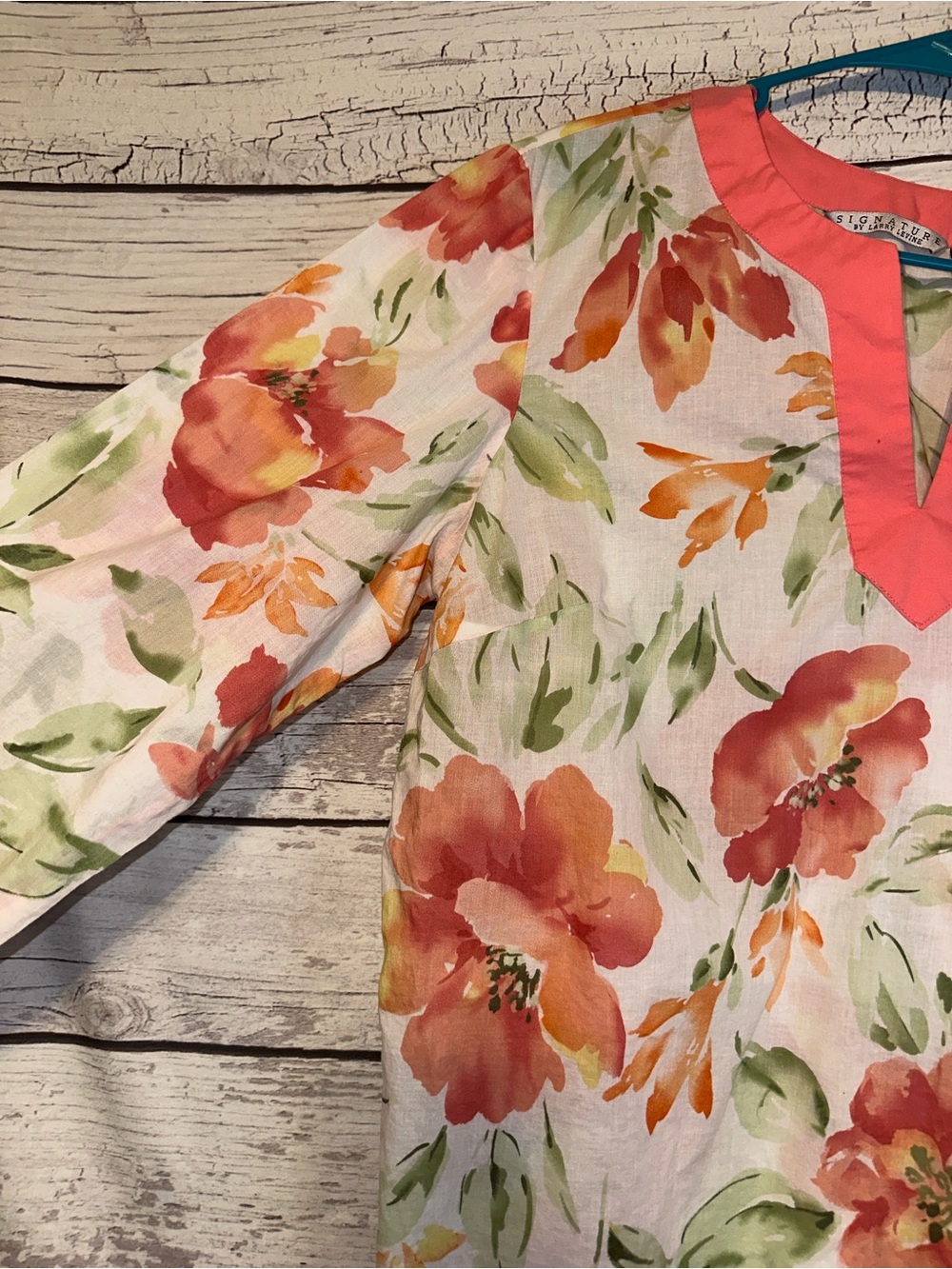 Signature by Larry Levine Floral Linen Blend Tunic Top Coral Pink XL - Picture 3 of 4